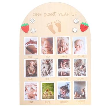 Imagem de Quadro de fotos para bebês meninas, quadro de fotos de 1º aniversário de morango, moldura de madeira, placa de madeira marco mensal para bebês, faixa de fotos de 12 meses para festa de aniversário do
