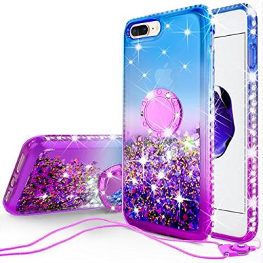 Imagem de Capa GW para iPhone 8 Plus/iPhone 7 Plus Capa Lindo Glitter Líquido Brilhante Areia Rápida Brilha c/ [Vidro Temperado] Capa de telefone à prova de choque para meninas Compatível com Apple iPhone 7/Plus -, Purple/Blue