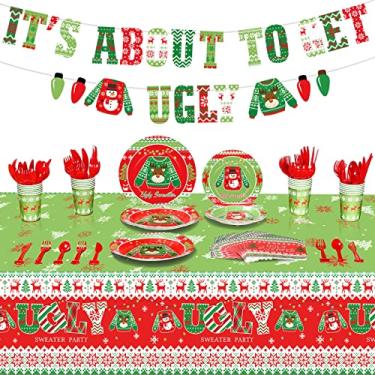 Imagem de Tiamon 172 Decorações De Suéter Feio De Natal Conjunto De Louça Descartável De Natal Suprimentos Para Festa Com Inclui Pratos De Papel Copos Guardanapos Facas Garfos Colheres Toalhas De Mesa Está Pres