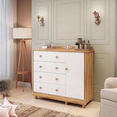 Imagem de Cômoda de Bebê 120,30cm 1 Porta e 4 Gavetas 100% MDF Maya Clássico Espresso Móveis Branco Brilho/Amêndoa