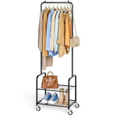 Imagem de AOODA Suporte de roupas pequeno com prateleiras, suportes de metal resistentes para pendurar roupas, rack de roupas portátil com rodas para camisas, casacos, sapatos, bolsas (preto)