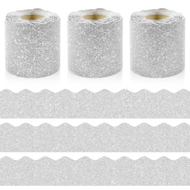 Imagem de Conjunto de bordas de quadro de avisos com glitter - 3 rolos de 98,4 m de decoração de quadro de avisos prata para sala de aula, escritório, material escolar e casa DIY - perfeito para professores,