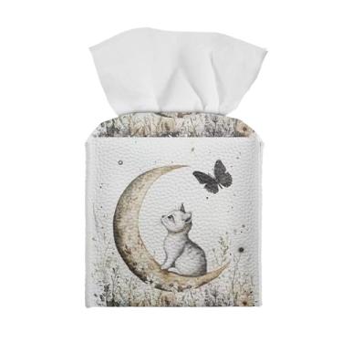 Imagem de Baxinh Capa de caixa de lenços impressa com lua de gato à prova d'água suportes de caixa de lenços de couro PU borboleta impressa quadrada caixa de lenços organizador decorativo para banheiro vaidade