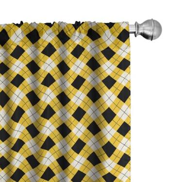 Imagem de Cortinas geométricas Ambesonne, padrão Argyle com losangos e linhas pontilhadas, design xadrez, tratamento de janela conjunto de 2 painéis para decoração de sala de estar, quarto, 142 x 213 cm, amarelo e branco