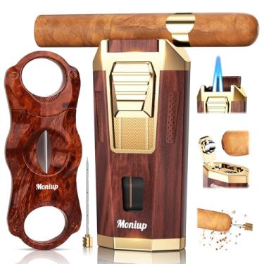 Imagem de Moniup Isqueiro De Maçarico 4 Em 1, Com Conjunto De Cortador De Charuto Em V, Furador De Charuto Integrado, Suporte De Charuto E Intensificador De Tiragem, Acessórios Para Charutos, Presentes Para H