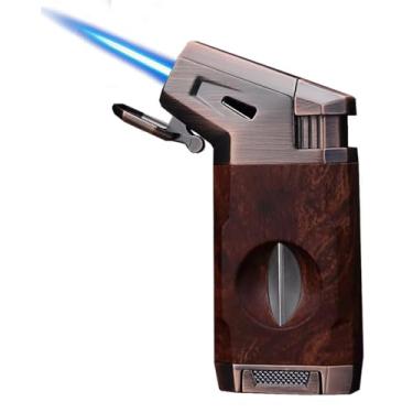 Imagem de Isqueiro de tocha de butano, isqueiro à prova de vento com corte em V, acendedor de turbina recarregável ajustável com janela de combustível, para vela, fogos de artifício, cozinha, ao ar livre,