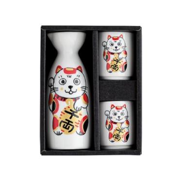 Imagem de Waraku Fuuka Saquê japonês (Maneki Neko Senryo, 1 garrafa Tokkuri e 2 copos Ochoko)