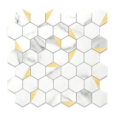 Imagem de Azulejo de parede hexagonal de 20 folhas, 30,5 x 26,4 cm, branco 3D, PVC 3D, adesivo no backsplash para cozinha e banheiro