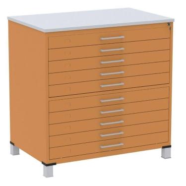 Imagem de Mapoteca 10 Gavetas Pandin 120 Cm (larg) Inmetro Tampo Mdp Cinza Estrutura E Gavetas Em Aço Laranja