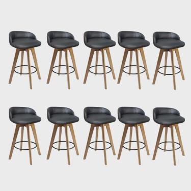 Imagem de Kit 10 Banqueta Alta Com Encosto Berlim Base Giratória Madeira Corino Preto - Ahz Móveis