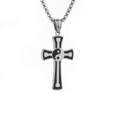 Imagem de Scddboy Colar Yin Yang para homens e mulheres colar com pingente de cruz de aço inoxidável, cruz cristã de strass tai chi chinês, Aço inoxidável, Cruz