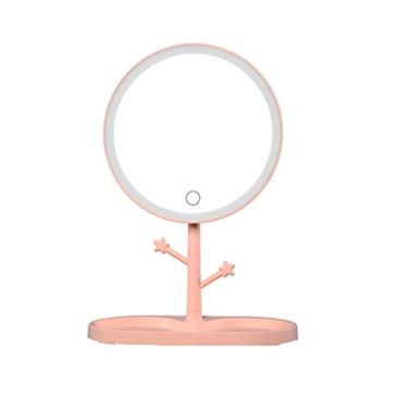Imagem de 5sssallefaa Espelho de maquiagem LED com lâmpada de maquiagem feminina leve com armazenamento espelho giratório de mesa espelhos cosméticos de forma redonda (cor: A)