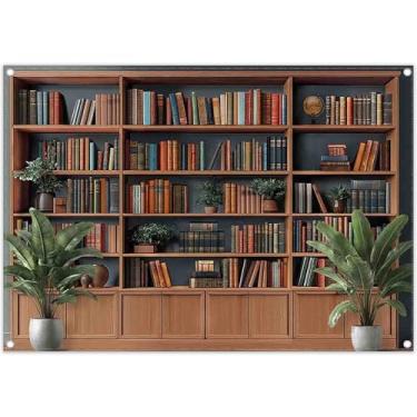 Imagem de YCUCUEI Estante de madeira de 2,1 x 1,5 m, pano de fundo, vintage, escola, biblioteca, estudo, escritório, videoconferência, fotografia, decoração interna, adereços para fotos