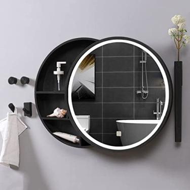 Imagem de AKALNNB Armário de espelho deslizante de banheiro com luzes, espelho de armazenamento inteligente antiembaçamento de madeira maciça, espelho redondo montado na parede