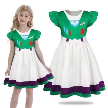 Imagem de Sukyfecde Fantasia de princesa para meninas, fantasias de Halloween, roupas de cosplay, roupas infantis de Natal e aniversário, Verde, branco, 7-8 Anos