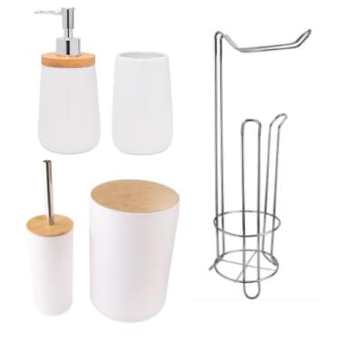 Imagem de Kit Banheiro Completo Escova Sanitária, Lixeira de Bambu, Dispenser de Sabonete, Porta Escova de Dentes de Cerâmica e Porta Papel Higiênico Cromado Organização com Estilo Moderno e Sustentável