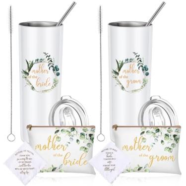 Imagem de Sieral Pacote com 6 copos Mother of the Groom and Bride 590 ml Caneca Copo Presentes de Casamento Mãe da Noiva e do Noivo Bolsa de Maquiagem Mãe Saco de Cosméticos Lenço para Presentes de Casamento