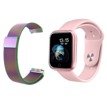 Imagem de Kit 1 Smartwatch P70 Rosa + 1 Pulseira Arco Íris