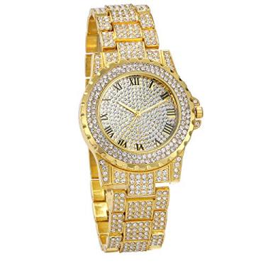 Imagem de JewelryWe Relógio masculino feminino elegante com strass e quartzo redondo, banhado a ouro, relógio de pulso de aço inoxidável para o dia dos pais, gold (roman number)