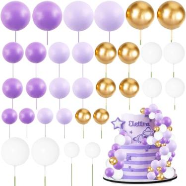 Imagem de MEMOVAN Purlpe Gold and White Ball Cake Topper Decorations 32PCS Mini Balloons Cake Topper Sticks Foam Balls Cake Picks DIY Ball Cupcake Insert for Cake Baking Wedding Baby Shower Birthday