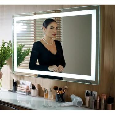 Imagem de Espelho 4mm Led 3 cores fria neutra quente 90x70 retangular jateado lapidado iluminado luz frontal para maquiagem luz ajustavel 90 x 70 vertical ou horizontal 70x90