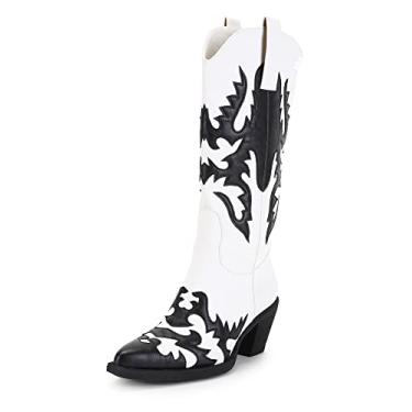 Imagem de ANN CREEK Botas femininas "Claremont" sexy caubói cano médio até o joelho patchwork elegante vaqueira mulher ocidental salto grosso, bico fino, moderno, cano alto, botas altas, Preto/branco, 35