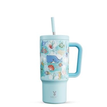 Imagem de Meoky Copo de 680 g com alça para crianças: Copo que brilha no escuro com alça e canudo - Mantém frio por 24 horas - Copo 100% à prova de vazamento sem BPA para porta-copos de carro de viagem