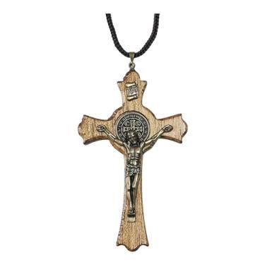 Imagem de Catholica Shop I Catholic Religious Wear I Handmade Saint Bento Jatoba Wood Antique Gold Tone Crucifixo Cross Necklace I Crucifixo Cross Necklace for Men & Women I Made in Brazil - 6,3 cm Medium