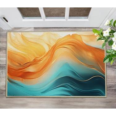 Imagem de Tapete de entrada laranja azul-petróleo 5,5 x 7,5 cm, antiderrapante, tapete decorativo de mármore turquesa, entrada interna para cozinha, banheiro, quarto, pequeno, lavável, tapete de entrada