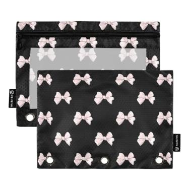 Imagem de KICPOAY Bolsa de lápis para fichário de 3 anéis, lindos laços rosa preto, pacote com 2 sacos de lápis transparentes com zíper
