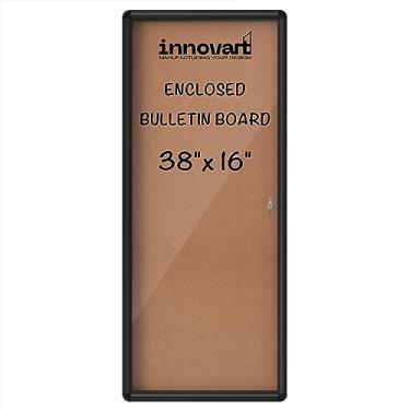 Imagem de INNOVART Quadro de avisos fechado 96.5 cm x 40.6 cm, quadro de avisos bloqueável de cortiça com moldura de alumínio preto, caixa de exibição de parede com porta aberta, armário de informações para