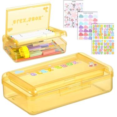 Imagem de Fainne Caixa de lápis de camada dupla com 3 adesivos de folhas, estojo de plástico de grande capacidade, material de volta às aulas, organizador de giz de cera rígido para canetas de gel, borrachas