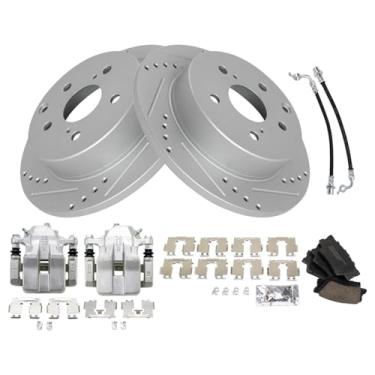 Imagem de TRQ Kit de pastilhas de freio traseiro e rotor de cerâmica de desempenho perfurado X compatível com Toyota RAV4 2012-2018