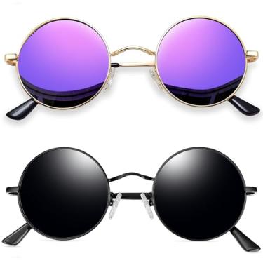 Imagem de Óculos de Sol Joopin Redondos Masculinos e Femininos Polarizados, Pequeno Círculo Hippie Vintage Retrô Steampunk Armação de Metal com Proteção UV (Preto + Roxo Espelhado)