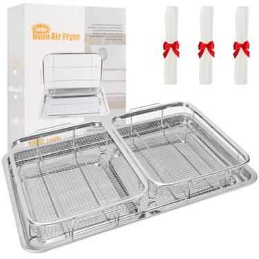 Imagem de Cesta de aço inoxidável para fritadeira a ar 36 x 26 cm com frigideira antiaderente e 50 folhas de pergaminho | Bandeja de forno multiuso para assar/grelhar (bandeja de 45 cm e cesta de 30 cm x 2)