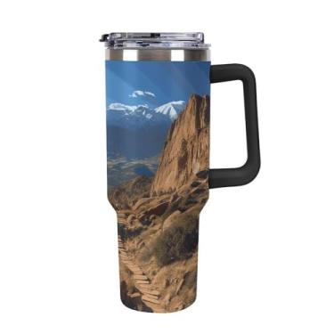 Imagem de YTLKGFP Copo de carro de grande capacidade de 1,134 g Pikes Peak Colorado Tumbler com alça (preto) tampa de palha garrafa de água de aço inoxidável isolada caneca de viagem copo de carro à prova de