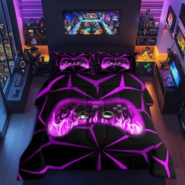 Imagem de Feelyou Jogo de cama King para crianças, meninos, 3D, decoração de quarto de meninos, roxo e preto, jogo de cama para jogos para todas as estações
