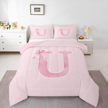 Imagem de Erosebridal Conjunto de edredom solteiro com laço rosa, monograma personalizado, presente de cama para mulheres e adolescentes, colcha com letra U, laço inicial, presentes de aniversário, decoração de