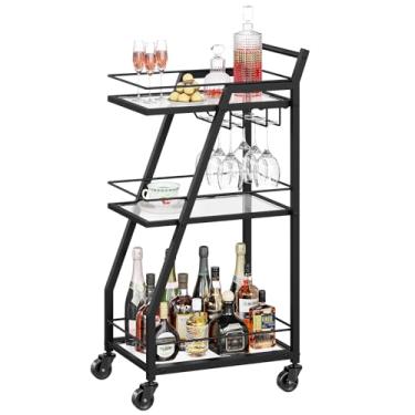 Imagem de YATINEY Carrinho de bar, carrinho de bar de 3 níveis para casa, carrinho de servir bar doméstico com suportes de vidro, carrinho de bebidas para cozinha, jantar, sala de festas, preto BC03BK