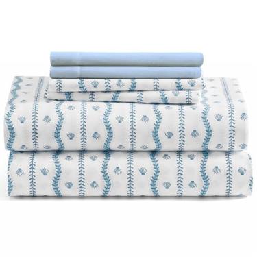 Imagem de CARIBBEAN JOE Jogo de lençol de 6 peças com fronhas refrescantes, bolsos profundos de 30,5 cm, design costeiro de praia tropical, King, conchas costeiras onduladas