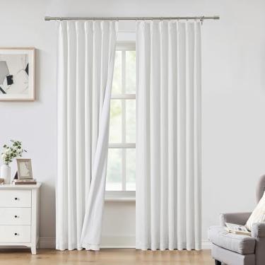 Imagem de Cortinas blecaute brancas plissadas com textura de linho, isolamento térmico, painel de tratamento de janela, 203 cm de comprimento, para sala de estar, quarto, redução de ruído, cortinas com ganchos