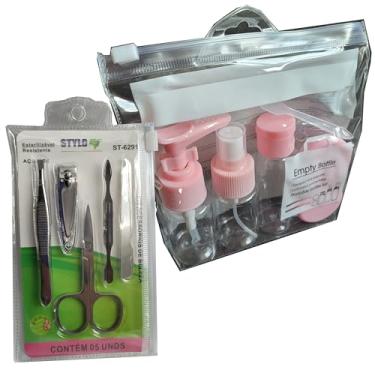 Imagem de Kit Viagem Rosa 7 Frascos para Cosmésticos, mais Kit Beleza Unhas em Inox 6 Itens, Estojo Transparente Total 13 Itens Shampoo Creme Recipiente Recarregáveis