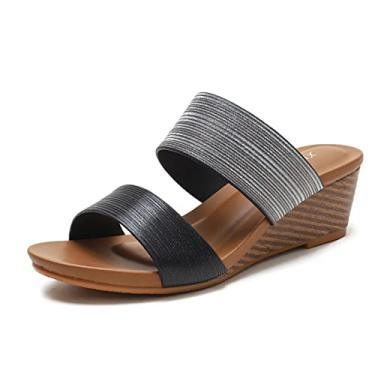 Imagem de Sandálias de cunha para mulheres de verão, couro PU, antiderrapante, sandálias femininas com tiras de plataforma, dedo do pé aberto, respirável, moda, sapatos de caminhada, para lazer(Black,42 EU)