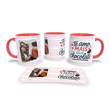 Imagem de Caneca Cerâmica Personalizada para Namorados com Foto, Interior e Alça Vermelha (Te amo mais que chocolate)