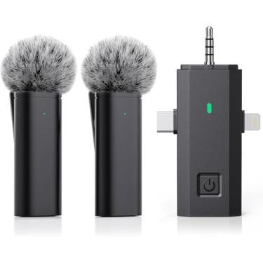 Imagem de Microfone sem fio 3 em 1 para iPhone, iPad, Android, câmera, mini microfone de lapela de lapela, microfone USB-C, atraso ultrabaixo de 2,4 G, microfones para YouTube, TikTok, gravação de vídeo,