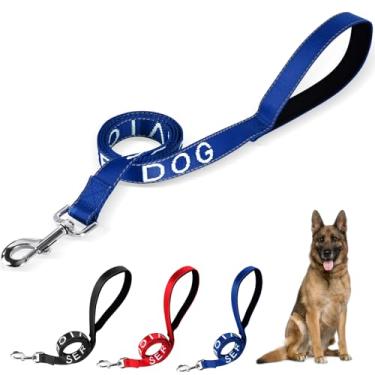 Imagem de YeeBeny Coleira para cães de serviço, coleira de suporte emocional com alça de neoprene e letras reflexivas, material de cão de serviço para colete para arreios, coletes ou coleiras (azul, largura