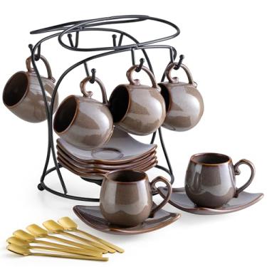 Imagem de LYEOBOH Conjunto de 6 xícaras de café expresso de 85 g com pires, pequenas xícaras de café de cerâmica com suporte e colheres, xícaras de demitasse fofas para expresso, latte, mocha, presente de