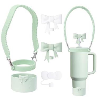Imagem de SEEZIZI Conjunto de acessórios de laço de silicone Stanley Cup, incluindo alça de alça de garrafa de água, capas de palha fofas reutilizáveis e botas, compatível com Stanley 1,134 g e copo de 850 g