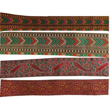 Imagem de KVR Brocado de poliéster Jacquard artesanato acabamento floral costura bordado decoração fita renda (Combo 58, 7 cm de largura, 2,50 mtr x 4 design = 10 mtr em um pacote)