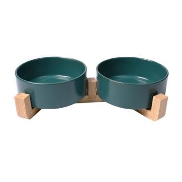 Imagem de Tigela de cerâmica elevada para gatos, tigela para cães, 400 ml, tigelas de ração para animais de estimação com suporte de madeira, design antiderrapante para cães e gatos